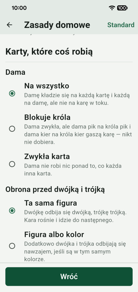 Ekran zasad domowych Makao: sekcja „Karty, które coś robią” z wyborem, co robi dama — na wszystko, blokuje króla albo zwykła karta — i obrona przed dwójką i trójką