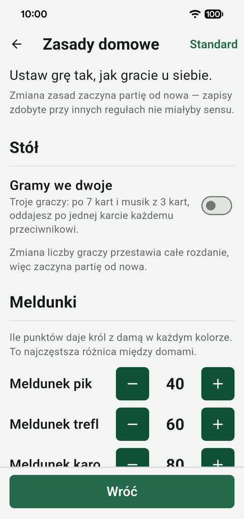 Ekran zasad domowych z przełącznikiem liczby graczy i punktacją meldunków